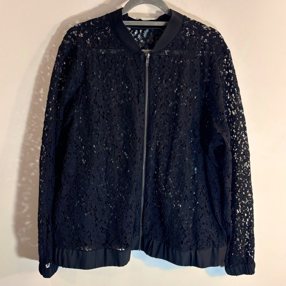 BOMBER JACKET Sz XXL (estimated) Jacket Open Lace Elastic Hem & Cuffs Satin Trim